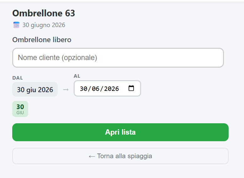 Scheda dell'ombrellone 63: risulta libero, con le date e il pulsante per aprire la lista